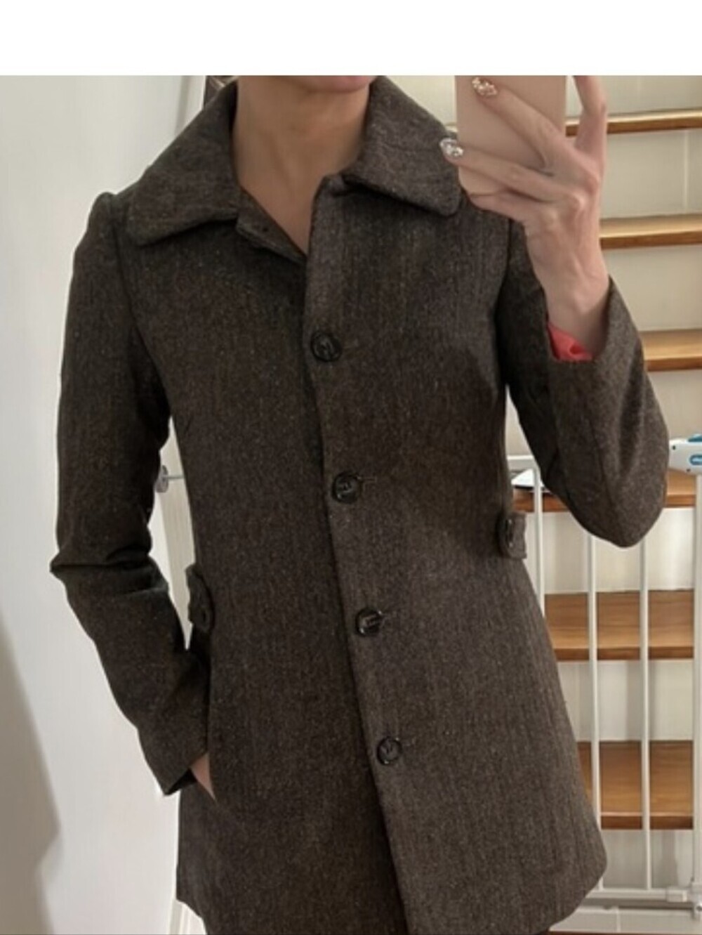 H&M Tailored Herringbone Tweed Coat Wool Brown Jacket With Color Flecks Size 4